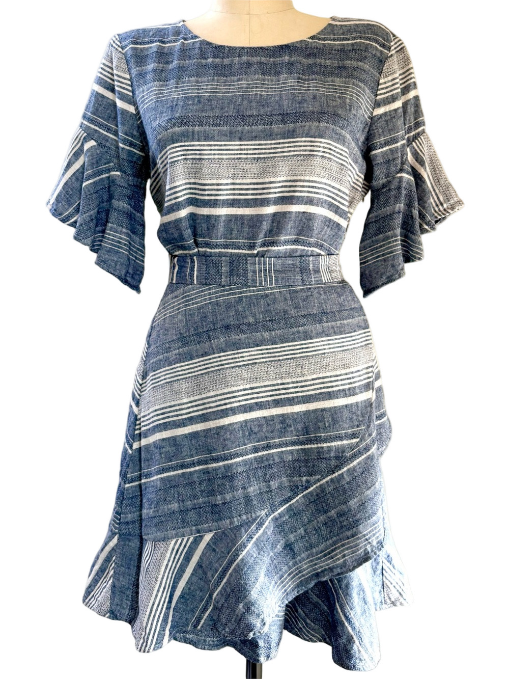 Linen / Cotton Blend Blue & White Striped Nautical Ruffled Wrap Dress Express M